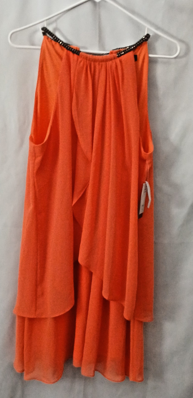 Elegant Tangerine Halter Chiffon Layered Midi Classic Cocktail Dress Regal Sz 12
